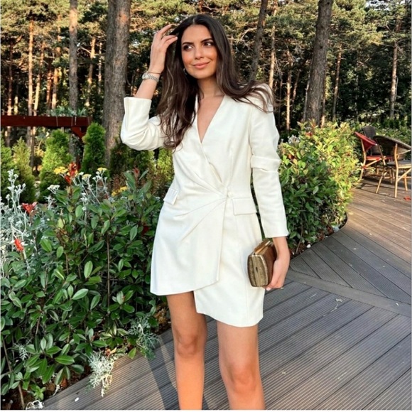 Zara Dresses & Skirts - ZARA DRAPED SATIN EFFECT BLAZER DRESS
color Oyster White Bloggers favorite.